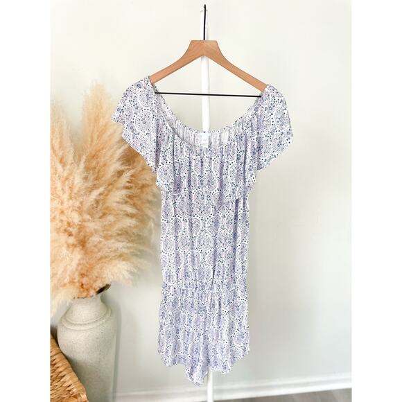 Eberjey Blue Bohemian Off Shoulder Ruffle Romper Medium Moroccan Print - Picture 1 of 7